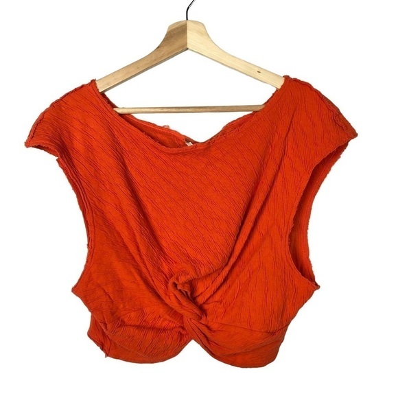 Free People Bright Orange Twist Front Cropped Short Sleeve L - Picture 1 of 4